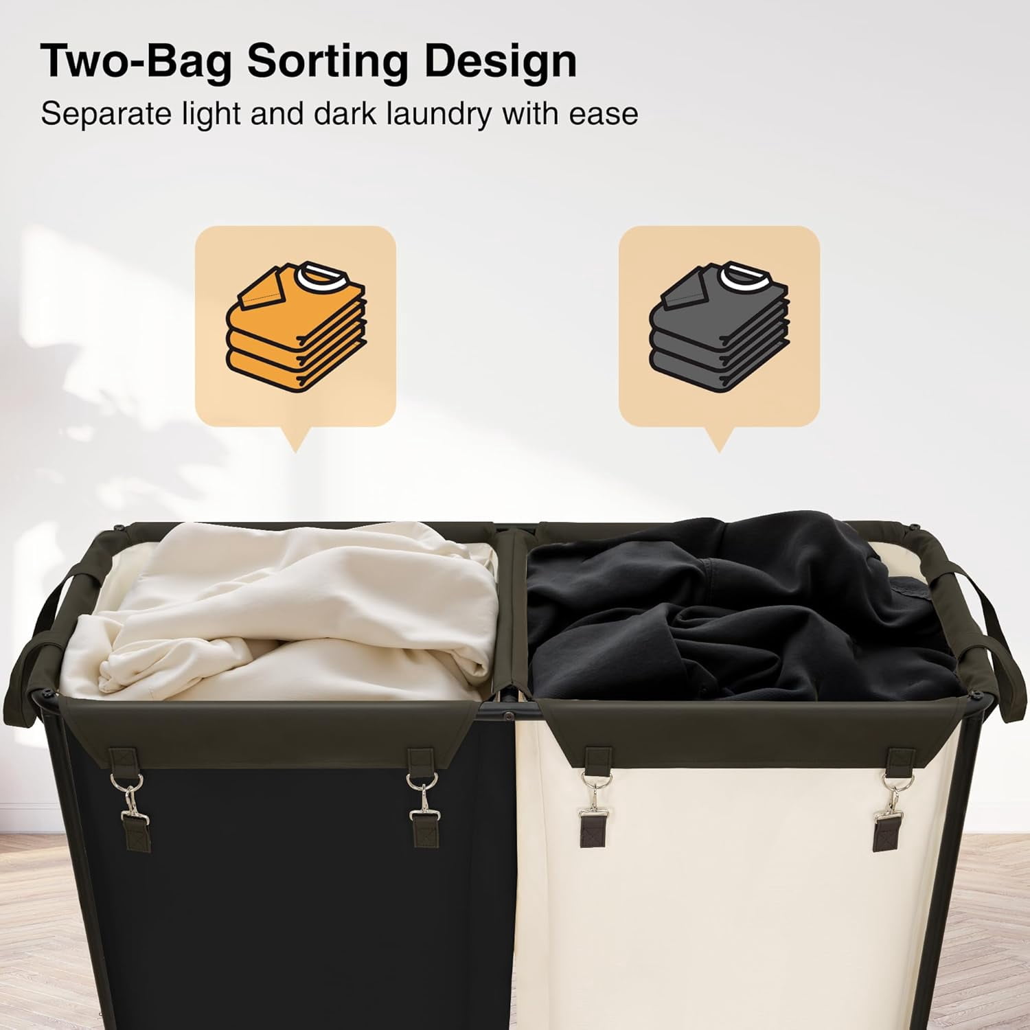 280L Rolling Industrial Laundry Hamper with Wheels, 2-Compartment Extra Large Laundry Sorter, Heavy Duty Dirty Clothes Basket Cart with Metal Frame for Home or Commercial Use