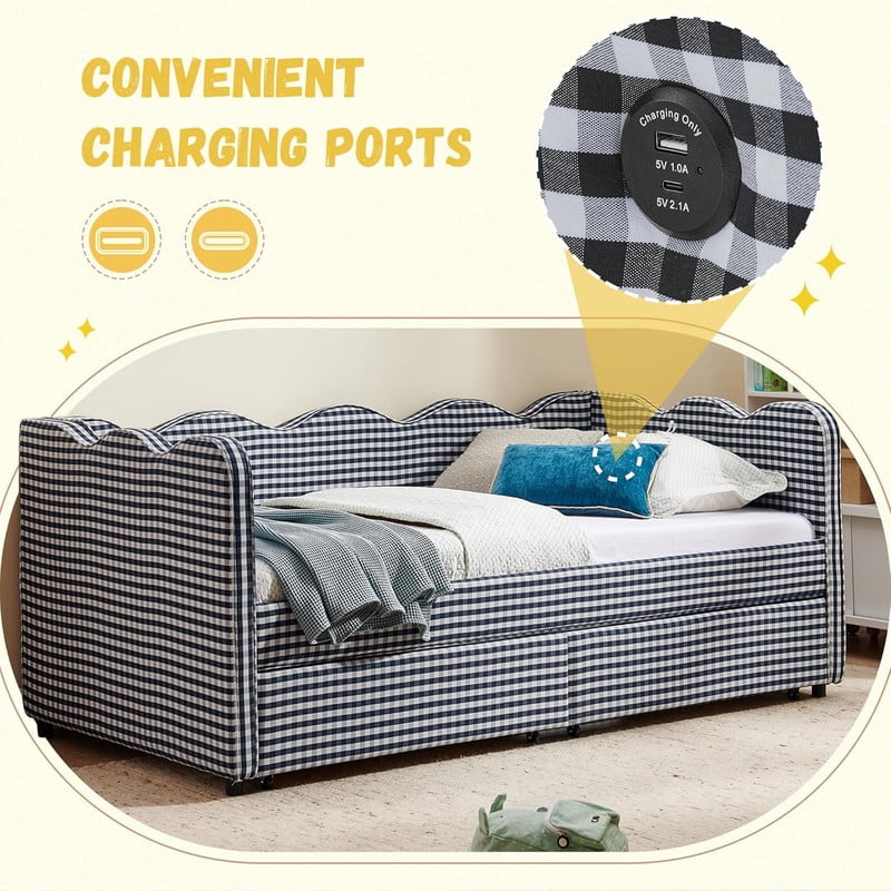Cozy Full Size Daybed with 2 Storage Drawers and USB Charging Port, Linen Gingham Wave Shaped Sofa Bed for Living Room and Bedroom