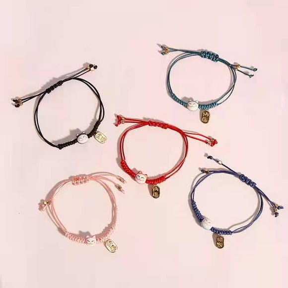 2 Pcs Feng Shui Céramique Porte-Bonheur Chat Bracelet Couple de Richesse Perlé Corde Réglable avec Cloche Symbole d'Argent Riche pour Femmes Filles Bijoux d'Amitié, Rose