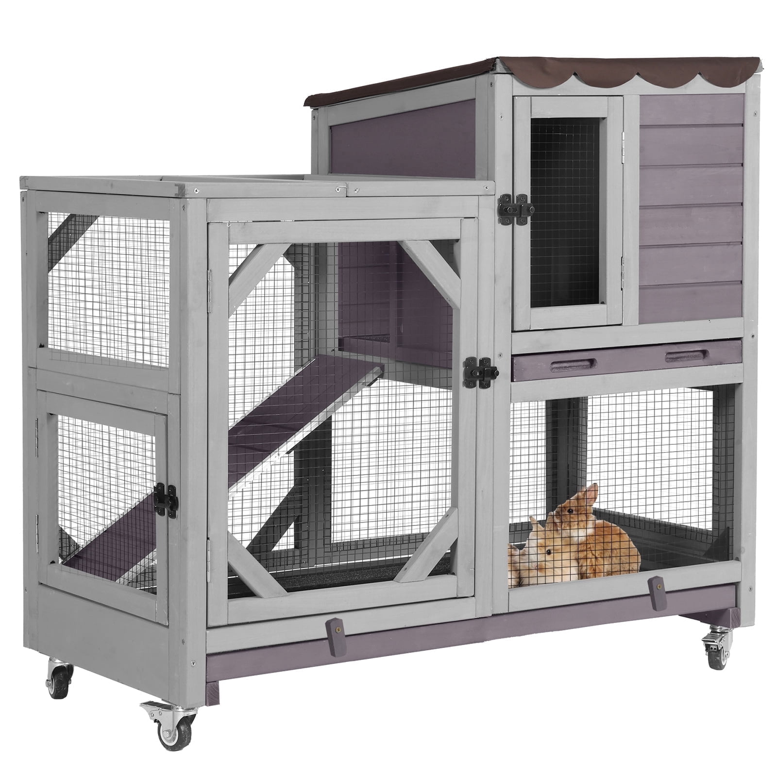 Aivituvin 39" 2-Story Rabbit Hutch, Wooden Bunny Cage with Chew-Proof Ramp, 2 Leak-Proof Pull-Out Trays and Lockable Wheels for Guinea Pigs & Small Pets, Brown