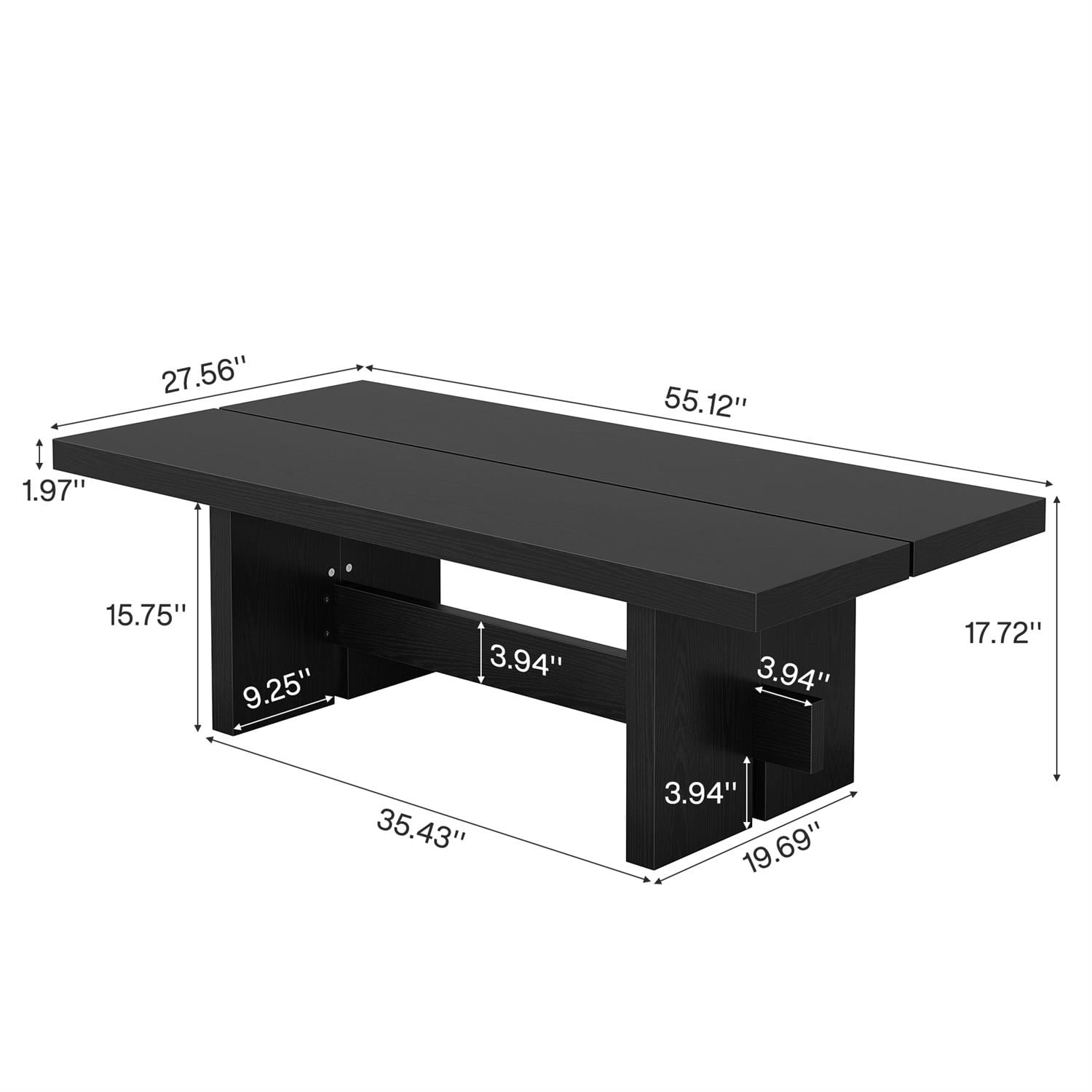 Demi Bonn 55" Modern Black Rectangular Coffee Table, Stylish Ottoman, Center Table for Living Room, Black