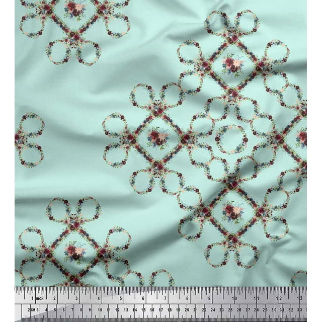 Soimoi Green Cotton Poplin Fabric Floral Wreath Geometric Print Fabric by the Yard 58 Inch Wide