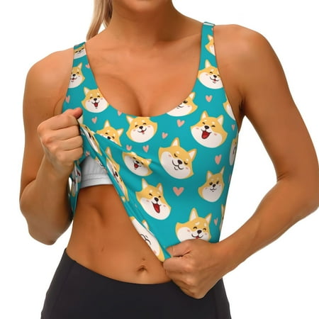 Qokaie Cute Shiba1 Pattern Womens Scoop Neck Sports Bra Breathable Workout Vest Padded U Back Medium Impact Fitness Gym Yoga Bra Workout Crop Top