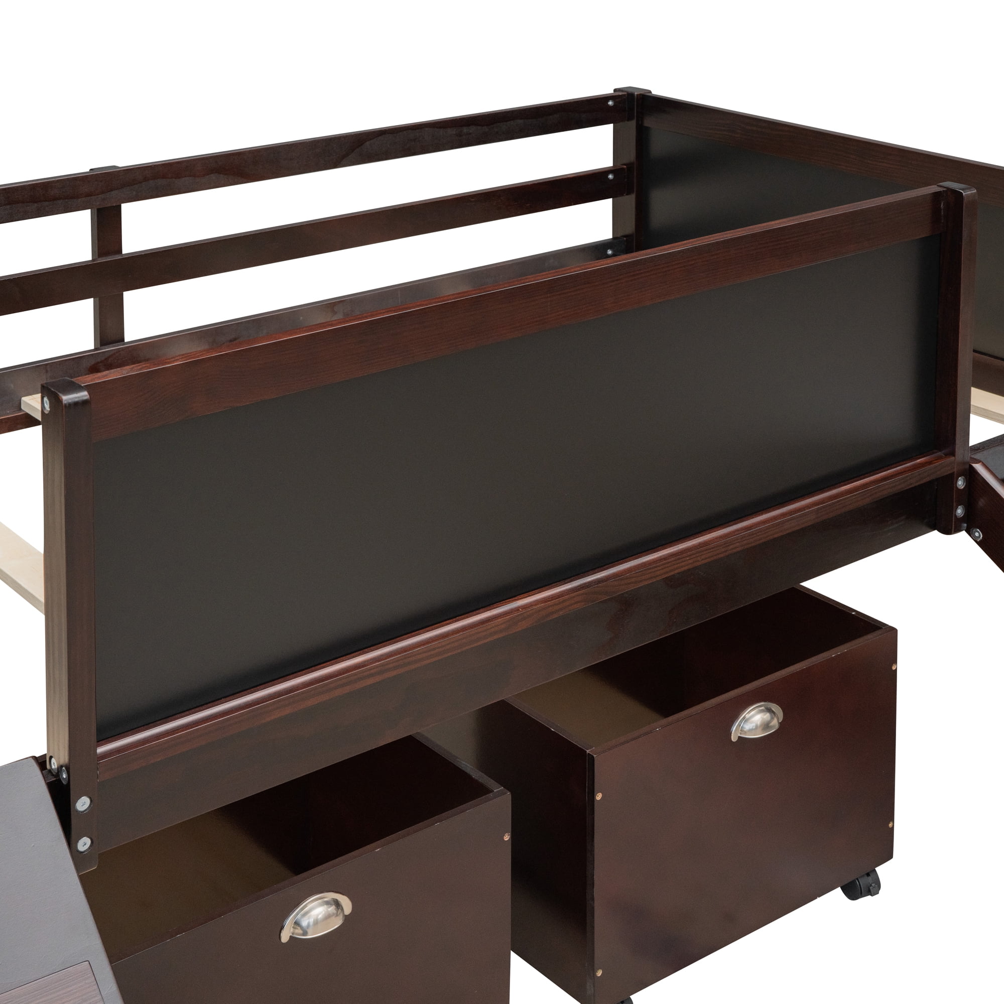 Miniyam Wood Twin Size Loft Bed with Slide, Two Storage Boxes for Kids, Espresso
