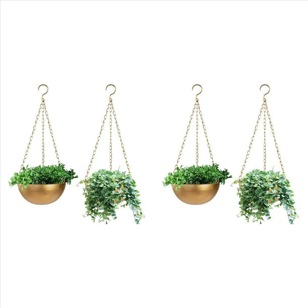 4X Gran Macetero Colgante Dorado con Drenaje, Soporte Semicircular para Plantas de Interior, Cuenco de Techo Liviano