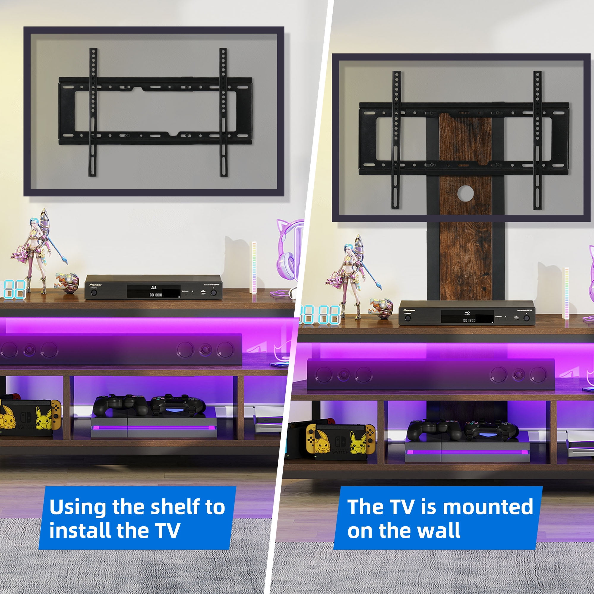 Uforic TV Stand Mount with Power Outlet, Swivel Entertainment Center with LED Lights for TVs up to 70 inches, Height Adjustable, Brown