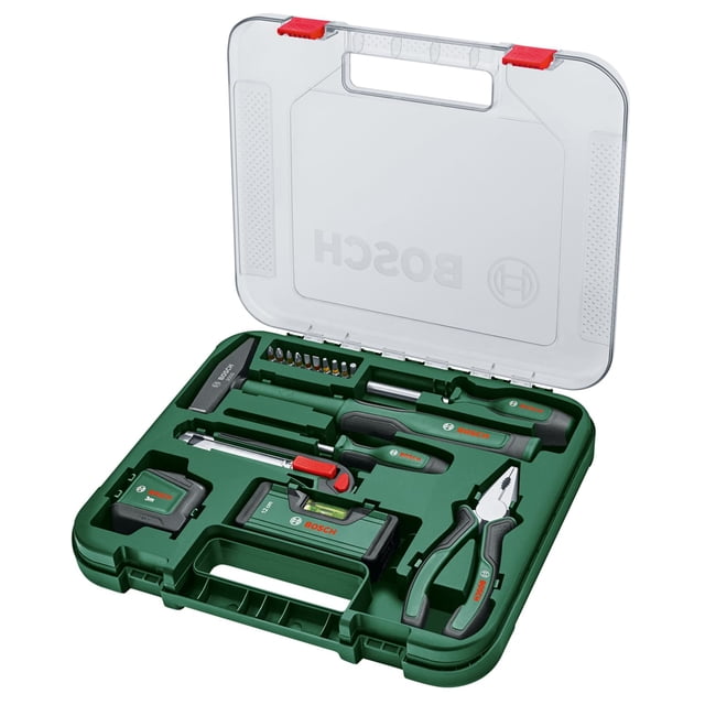 Universal 17-Piece Hand Tool Set | All-In-One Toolkit With Plier, Screwdrivers, Hammer, Tape Measure, Spirit Level, Knife, Awl | 10 Bits, Durable Case With Ergonomic Comfort | Perfect Diy