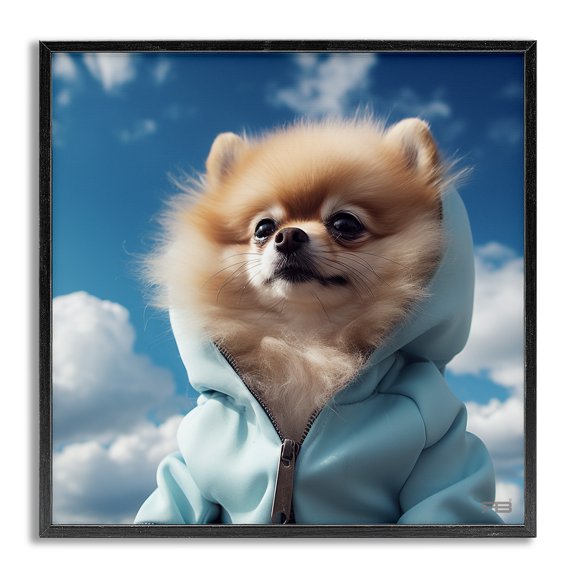 Stupell Industries Pomeranian Dog & Clouds Animals & Insects Painting Gray Framed Art Print Wall Art, 12 x 12