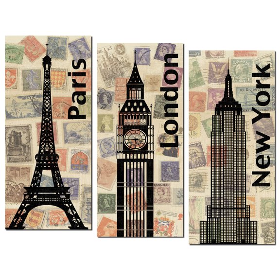 Trendy Monument Travel Print Postal Stamp Panels Paris, New York and London by Veronique Charron; Three 8x18in Prints