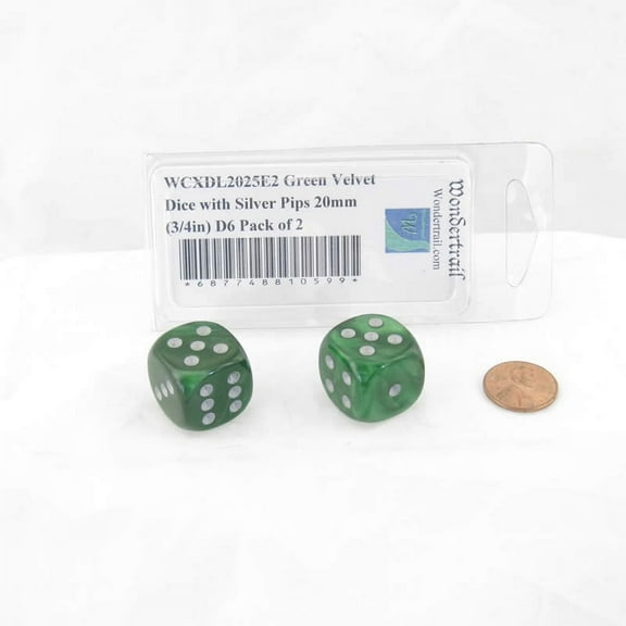 Green Velvet Dice with Silver Pips 20mm (3/4in) D6 Pack of 2 Wondertrail