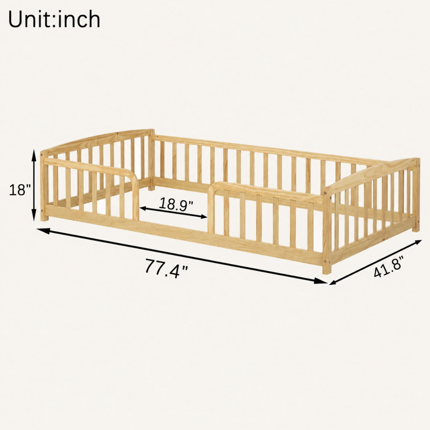 Miniyam Twin Kids Floor Bed with Guardrails, Pine Wood Montessori Bed Frame with Rounded Opening, Natural