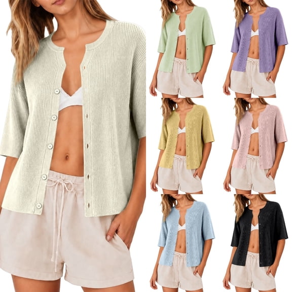 Lixiuxyad Women's Crew Neck Ribbed Knit Cardigan Short Sleeve Open-Front Button-Up Cardigan,Beige