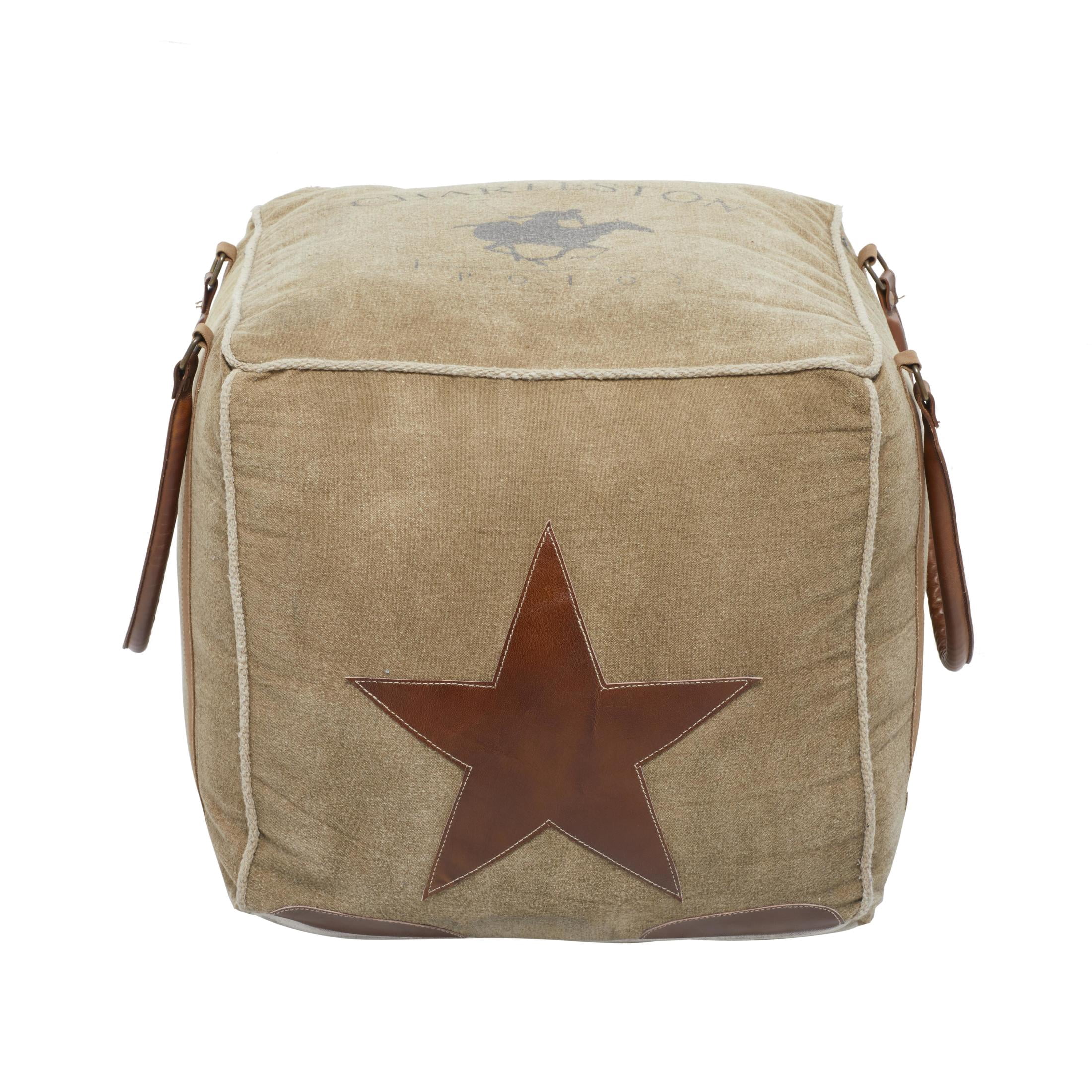 DecMode Rustic and Organic Square Ottoman Fabric Pouf features Tan Canvas and Brown Leather Handles with a Star Design, 20"W x 19"H