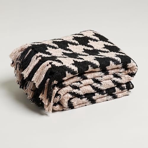 Light Brown and Black Houndstooth Throw Blanket | Large 55" X 67" with 3.5" Tassels | Acrylic Couch and Bed Throw Blanket