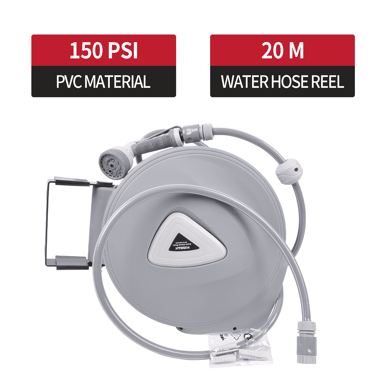 WINMAX AUTOMOTIVE TOOLS 65 ft Retractable Garden Water Hose Reel Brass Spray Gun Wall Mount Hose Reel