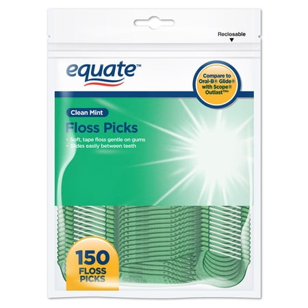 Equate ) Clean Mint Floss Picks Dental Flossers, Mouthwash Burst Mint Flavored, Soft Tape Floss, Gentle Cleaning, Stimulates Gums, Built-in Tongue Cleaner, Textured Pick, 150 Count