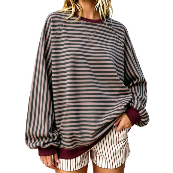 SJLDQY Womens Oversized Striped Sweatshirt Long Sleeve Crewneck Sweatshirts for Women Casual Fall Winter Pullover Tops