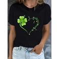 thumbnail image 1 of Women's St. Patrick's Day Clover Heart Graphic T-Shirt - Casual Black Polyester Tee with Green Four-Leaf Clover and Birds Design, Short Sleeves, Round Neck, Machine Washable, 1 of 6