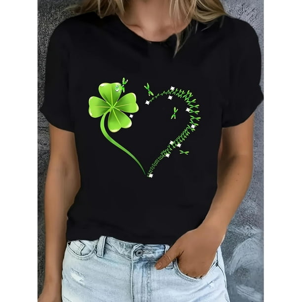 Camiseta con estampado de trébol y corazón del Día de San Patricio para mujer. Camiseta informal de algodón negro con diseño de trébol de cuatro hojas verde y pájaros. Manga corta, cuello redondo, lav