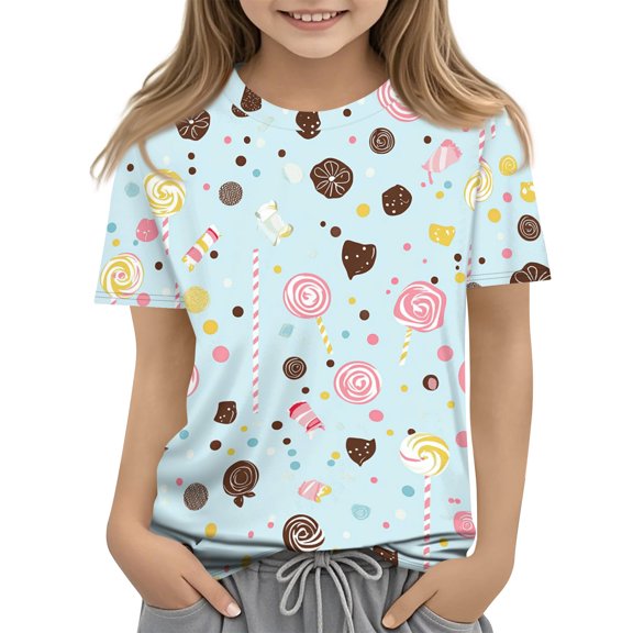 Grblisyd Girls Shirts Kids Summer Fashion Cute Cartoon Print Crewneck Short Sleeve Tops Casual Tees 10-12 Years