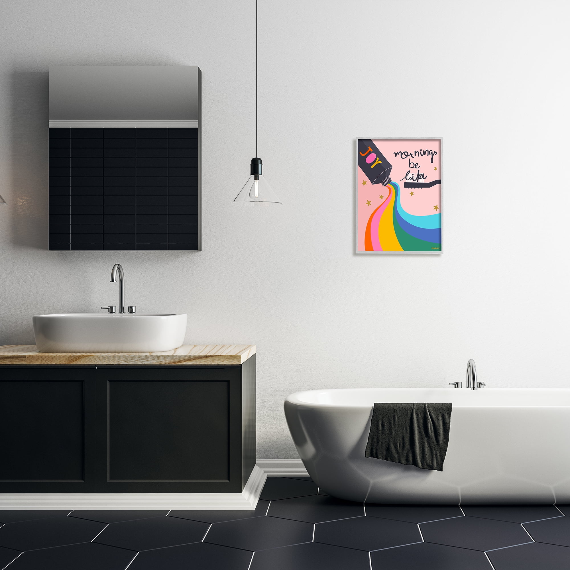 Stupell Industries Mornings Be Like Bathroom Inspirational Painting Gray Framed Art Print Wall Art, 16 x 20