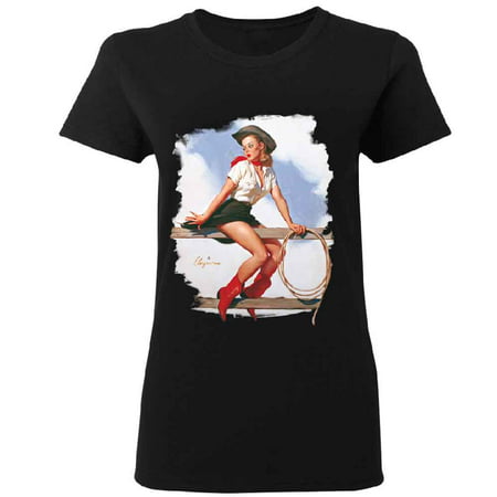 Pin up Girl Rodeo Cowgirl Red Boots Women's T-shirt Tee Black Small