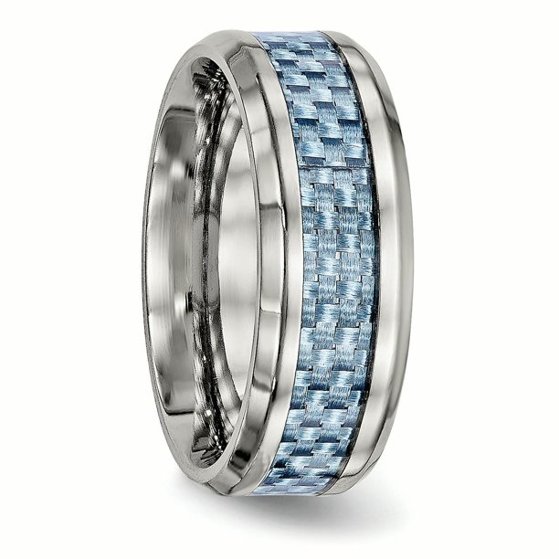 Stainless Steel Polished Blue Carbon Fiber Inlay Ring 11 Size