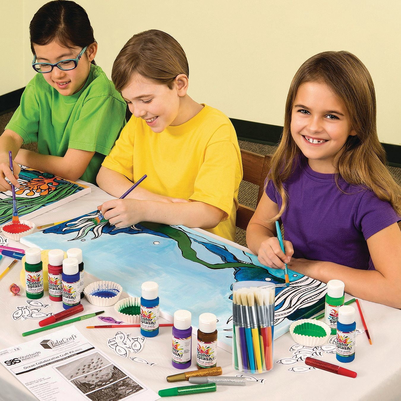 S&S Worldwide Stubby Paint Brushes, Colored Handles, Easy to Hold, Soft Natural Bristles, Aluminum Ferrule, Use with All Paints, For Kids & Adults, 7-1/2" long x 1/2" diam, Set of 30 in Canister