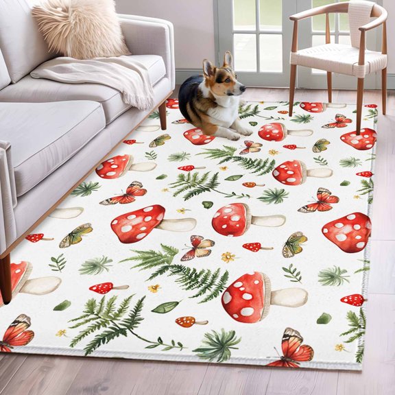 2.7'x5' Area Rugs, Mushroom Indoor Outdoor Area Rug for Living Room Bedroom, Red Botanical Summer Green Butterfly Washable Bathroom Rugs Kitchen Floor Carpet Mats Home Decor Aesthetic