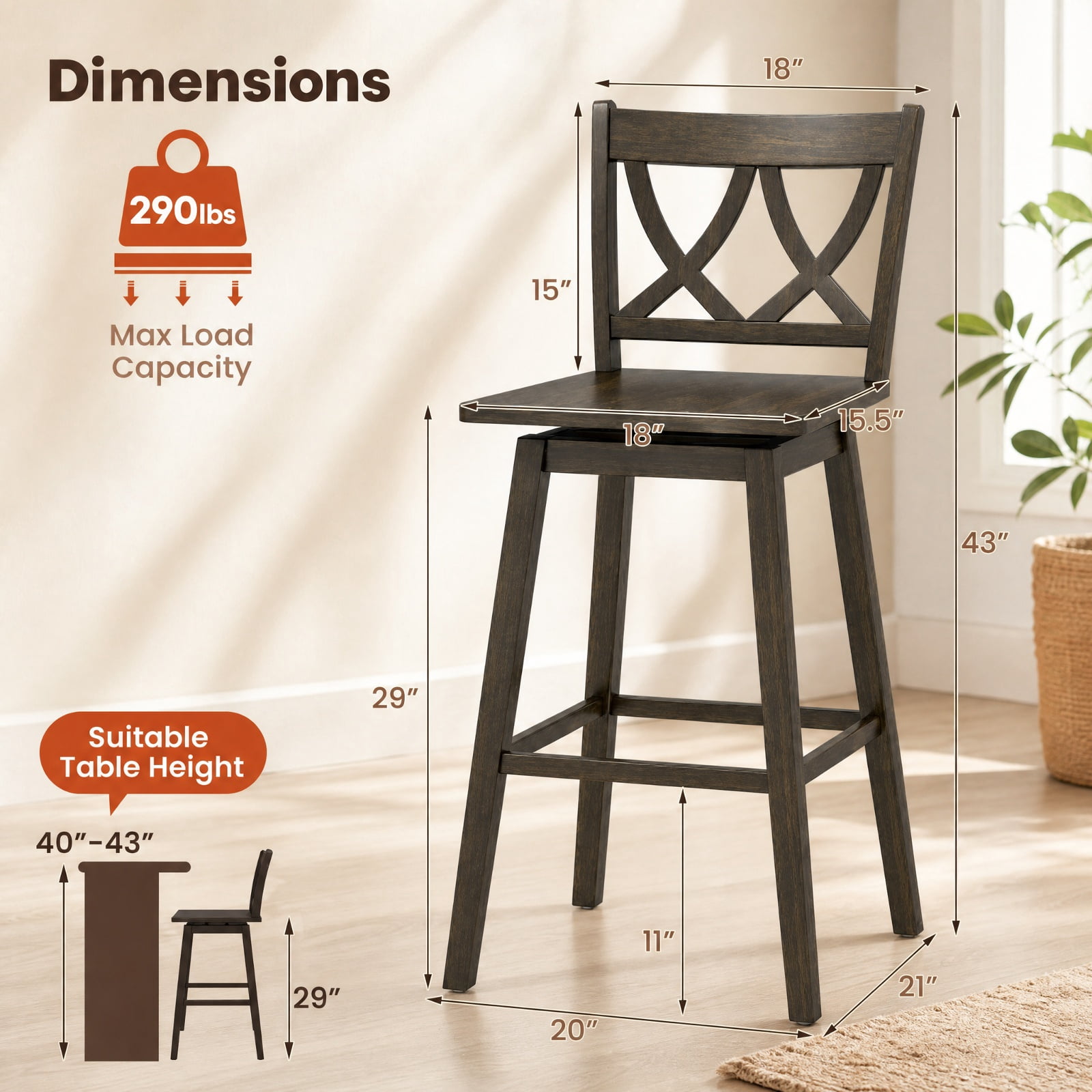 Furnibear 24/29 Inch Bar Stool Set of 2 Wooden Bar Chairs with Rubber Wood Frame-29 inches for Kitchen Island Counter Bar Pub Dining Home, Gray