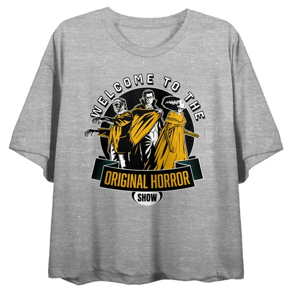 Universal Monsters Welcome To The Original Horror Show Crew Neck Short Sleeve Gray Heather Women's Crop Top
-Medium