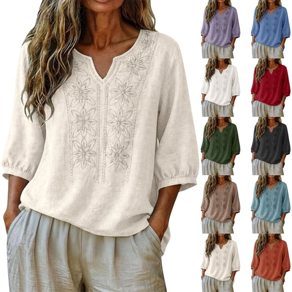 Cotton Linen Shirts for Women Trendy Retro Embroidered 3/4 Sleeve Boho Blouse Dressy Casual Bohemian Tops Loose Tunics ,3XL,#01 Beige