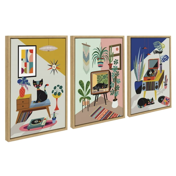 Kate and Laurel Sylvie Record Player, TV Cat Bed and Chill Out Saturday Framed Canvas Wall Art Set by Rachel Lee of My Dream Wall, 3 Piece Set Natural, Mid-Century Modern Colorful Art for Wall