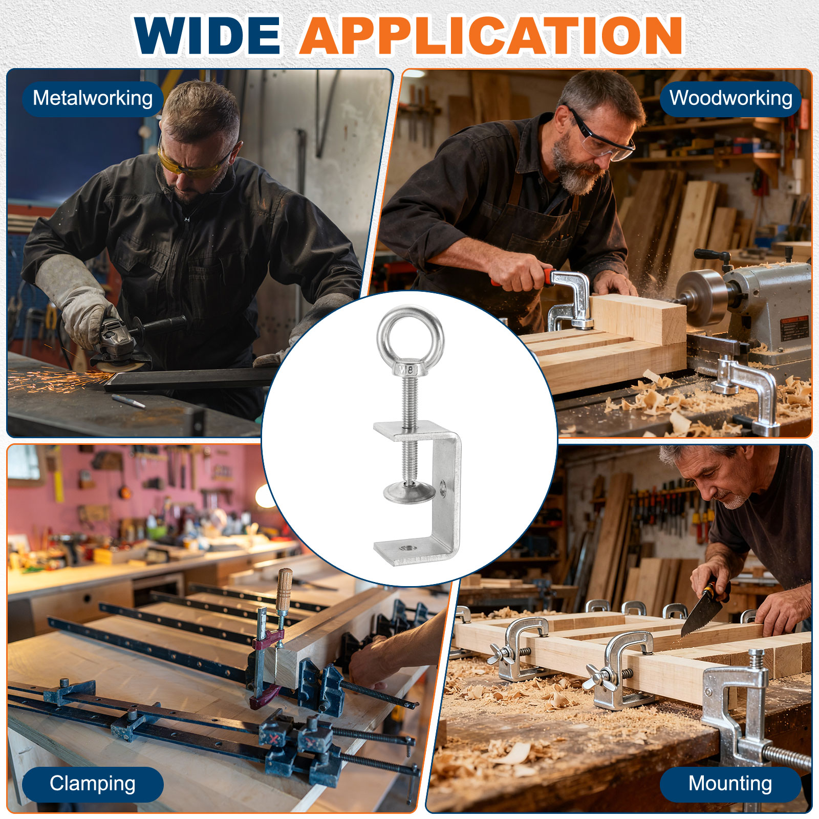 Uxcell2 Pcs 304 Stainless Steel C Clamps 55mm Square Mini Tiger Clamp Adjustable Heavy Duty Metal U Clip with Eye Hook Screw for Woodworking Welding Mounting, Silver