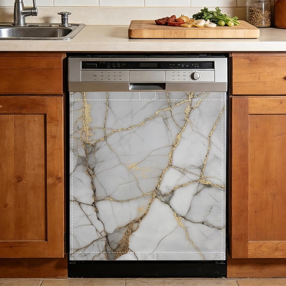 Texture Marble Dishwasher Magnet Cover,Gold White Kitchen Decor Waterproof Refrigerator Magnet Sticker Appliance Cover Protector,23Wx26H Inches
