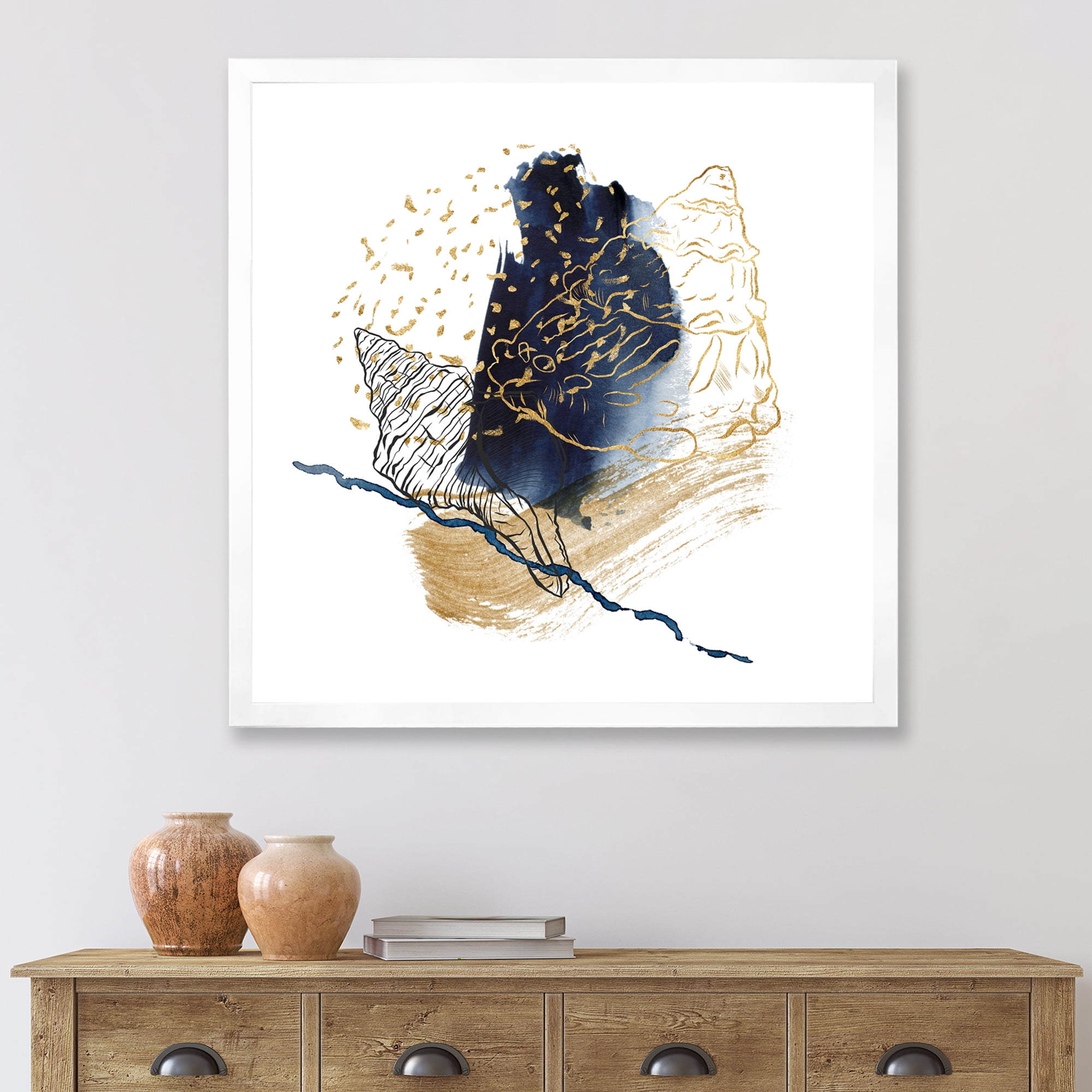 Designart 'Underwater Marine Life With Gold Shell Line Art' Farmhouse Framed Art Print