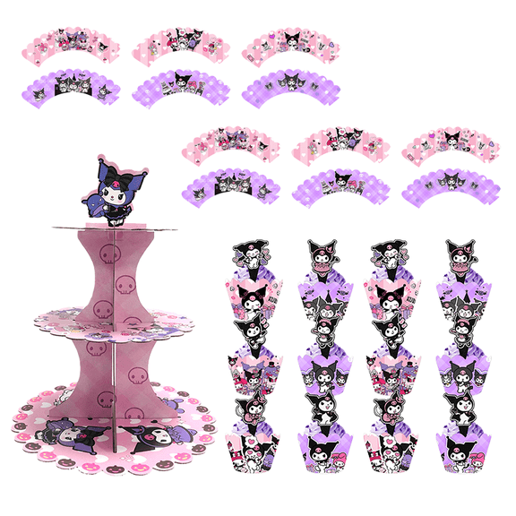 Kuromi Party Supplies Set, 3 Tier Kuromi Cake Stand with 12 Cupcake Wrappers & 12 Kuromi Cupcake Toppers, Kuromi Cake Holder Dessert for Cartoon Themed Party