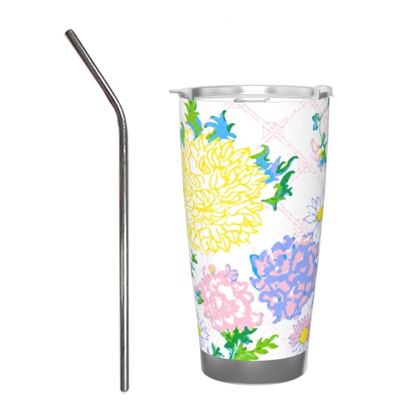 20oz Watercolor Floral Lattice Insulated Tumbler with Handle and Straw Spring Garden Travel Coffee Cup Gift with Stainless Steel Straw
