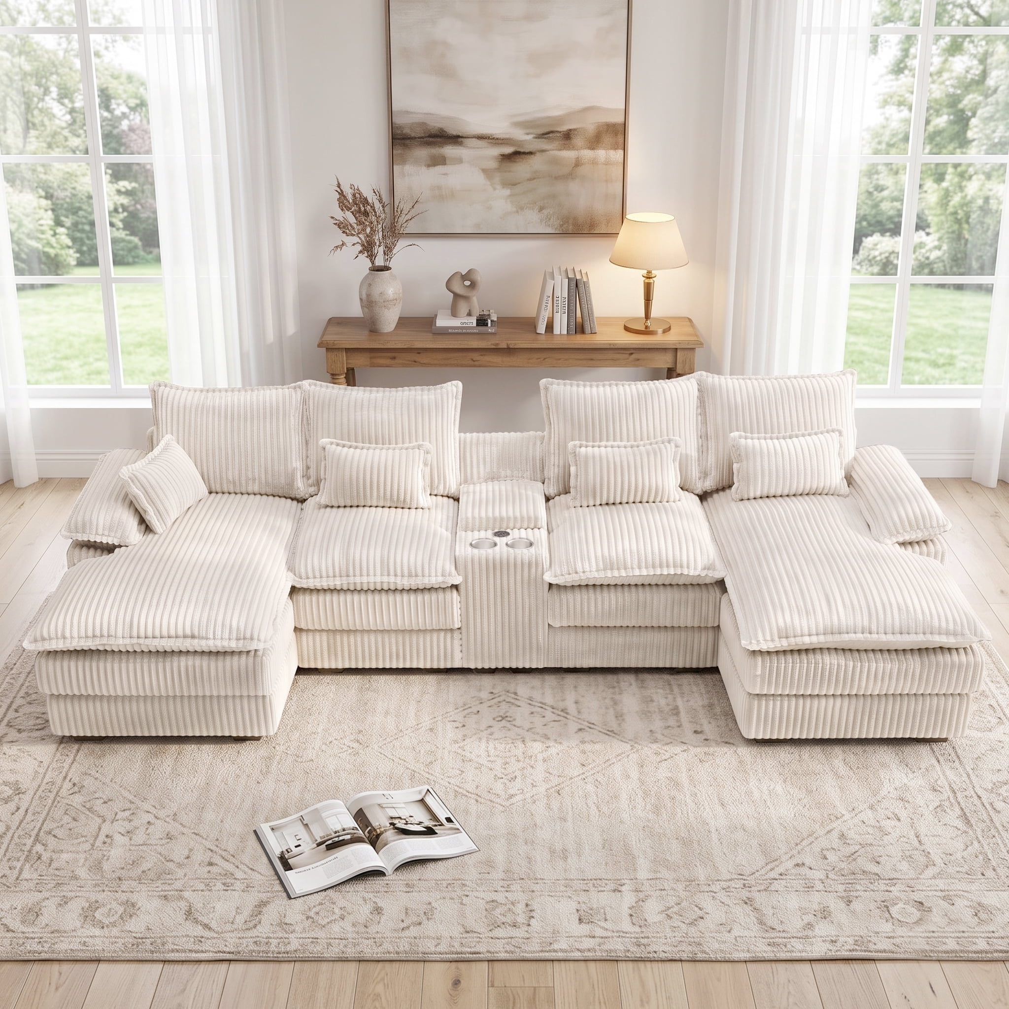 Wakefit 125" U Shaped Sectional Couch, Oversized Modular Sectional Sofa, 5 Seater Corduroy Cloud Couch with Hidden Storage, USB Ports & Cup Holders for Living Room, Beige