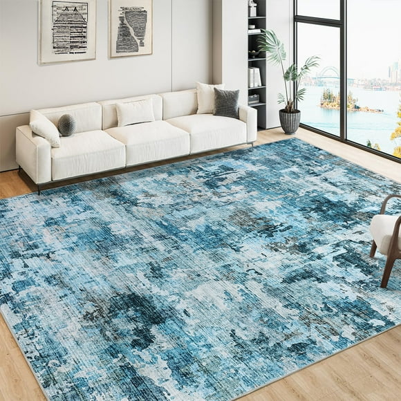 Modern Abstract Runner Rug, Washable Kitchen Runner Non-Slip Soft Hallway Rug Runner Faux Wool Carpet for Entryway Bedroom Laundry Room Indoor Home, 6x9, Blue
