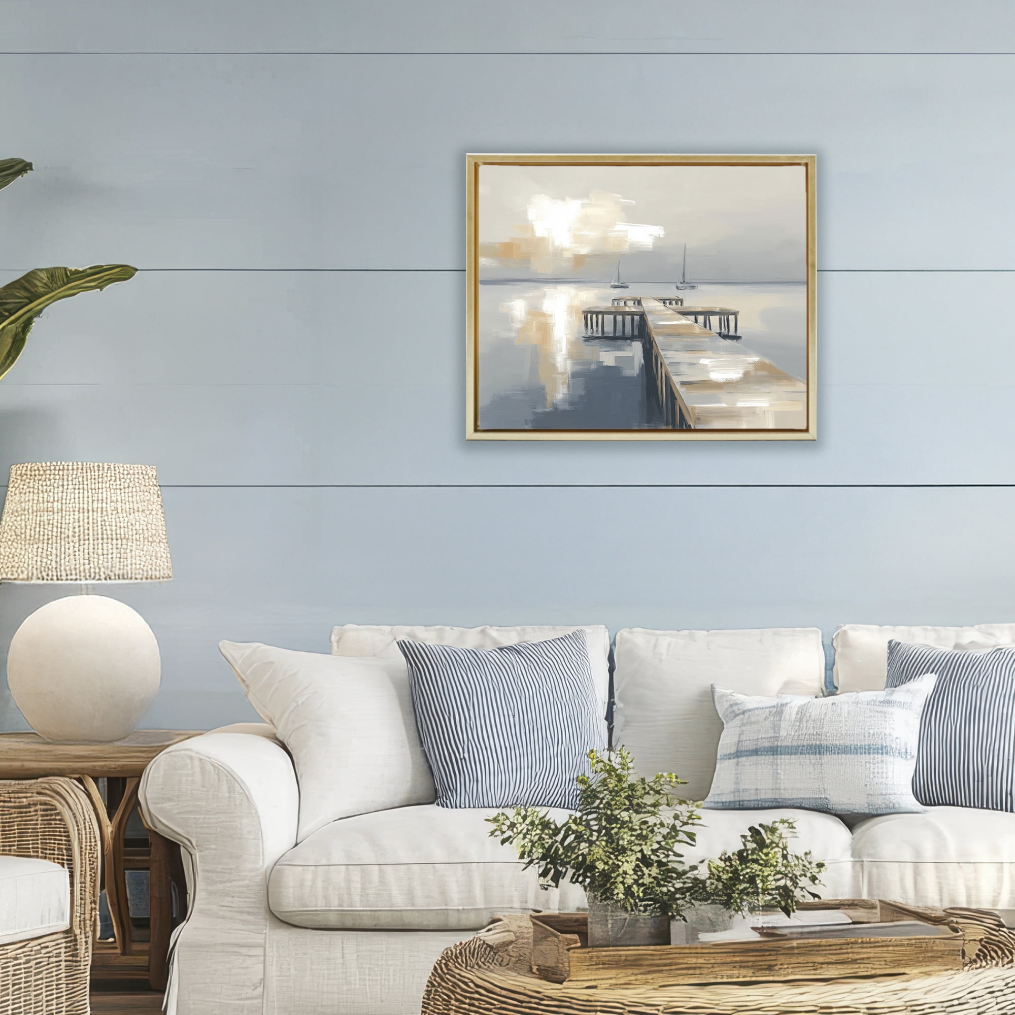 Stupell Industries Pier with Two Boats Seascape Gold Framed Floater Canvas Wall Art, design by Kim Curinga