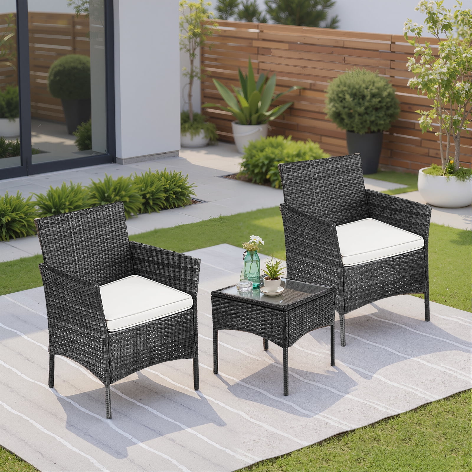 Simenmax Patio Furniture Set 3 Pieces, Outdoor Wicker Furniture with Coffee Table, Modern Rattan Patio Chairs Conversation Sets with Sofa for Garden, Terrace, Porch, Balconies, Lawns, Black