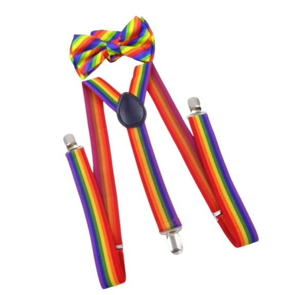 Huhudde Rainbow Bowtie Suspenders Set Theme Party Dance Performances Accessory Adjustable Elastic Band Brace for School Play