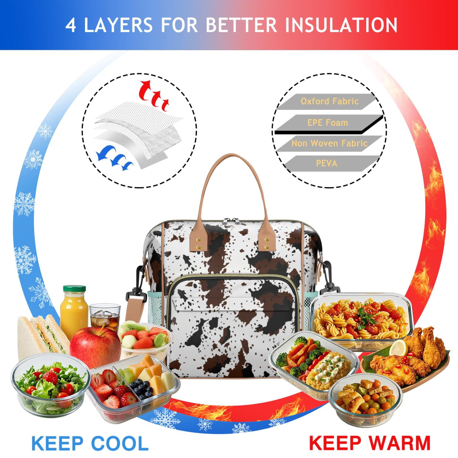 Buffalo Cow Design Insulated Lunch Bag – Large Reusable Lunch Box with Artistic Farm Animal Print, Leakproof Waterproof Cooler Tote with Dual Compartments for Country-Themed Office or Picnic Use