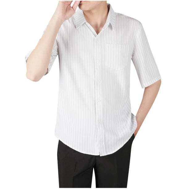 Camisa de Manga Corta de los Hombres con Botón, Raya Casual de Verano, Camisa de Cuello de Bolsillo Delgado