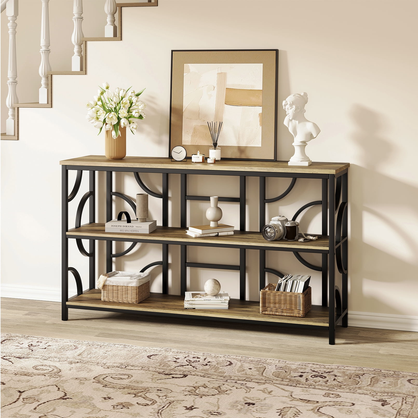 Vividwood 55'' Industrial Sofa Table, 3-Tier Storage Console Table with Unique Geometric Design, Behind Couch Accent Table for Entryway, Living Room, Foyer, Hallway, Office - Rustic Brown