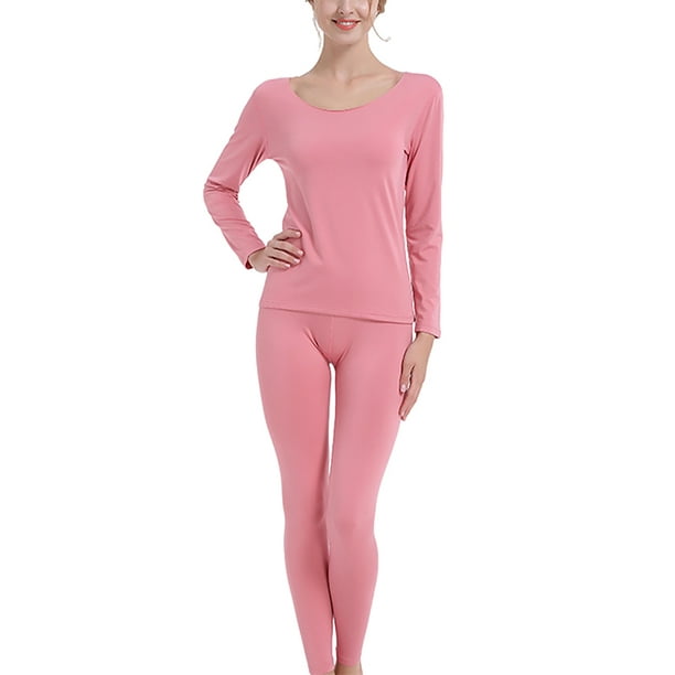 MAWCLOS Women Thermal Underwear Long Sleeve Set 2pcs Suit Comfortable  Winter Solid Color Pink XL 