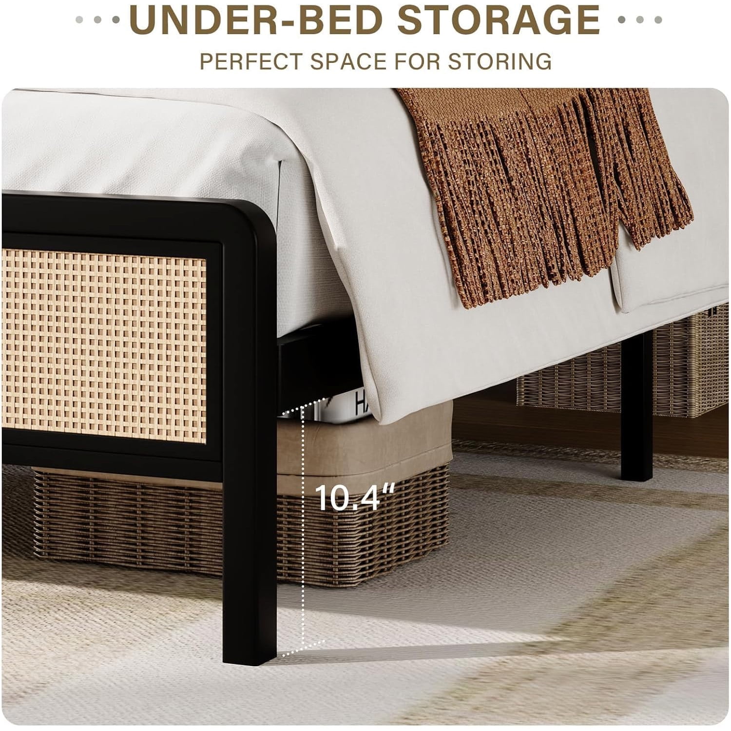 4 EVER WINNER Twin Size Bed Frame, Rattan Bed Frame with Natural Rattan Headboard and Footboard, No Box Spring Needed, Black