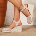 thumbnail image 3 of Rokment Bohemian Crochet Wedges Dress Sandals for Women Bride Wedding Beach Summer Handmade Closed Toe Espadrilles Chunky High Heel Casual Spring Dressy Sandals Pink Size 9, 3 of 5