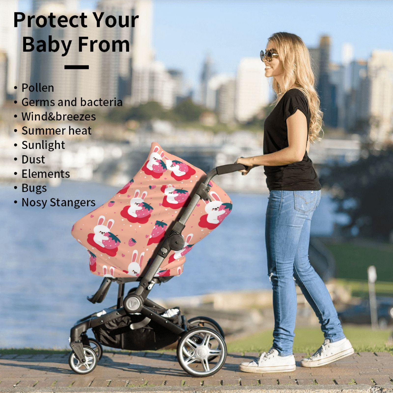 Fotbe Bunny And Strawberry Pattern Car Seat Covers for Babies, Nursing Breastfeeding Cover Infant Carseat Canopy, Soft Stretchy Carrier Cover